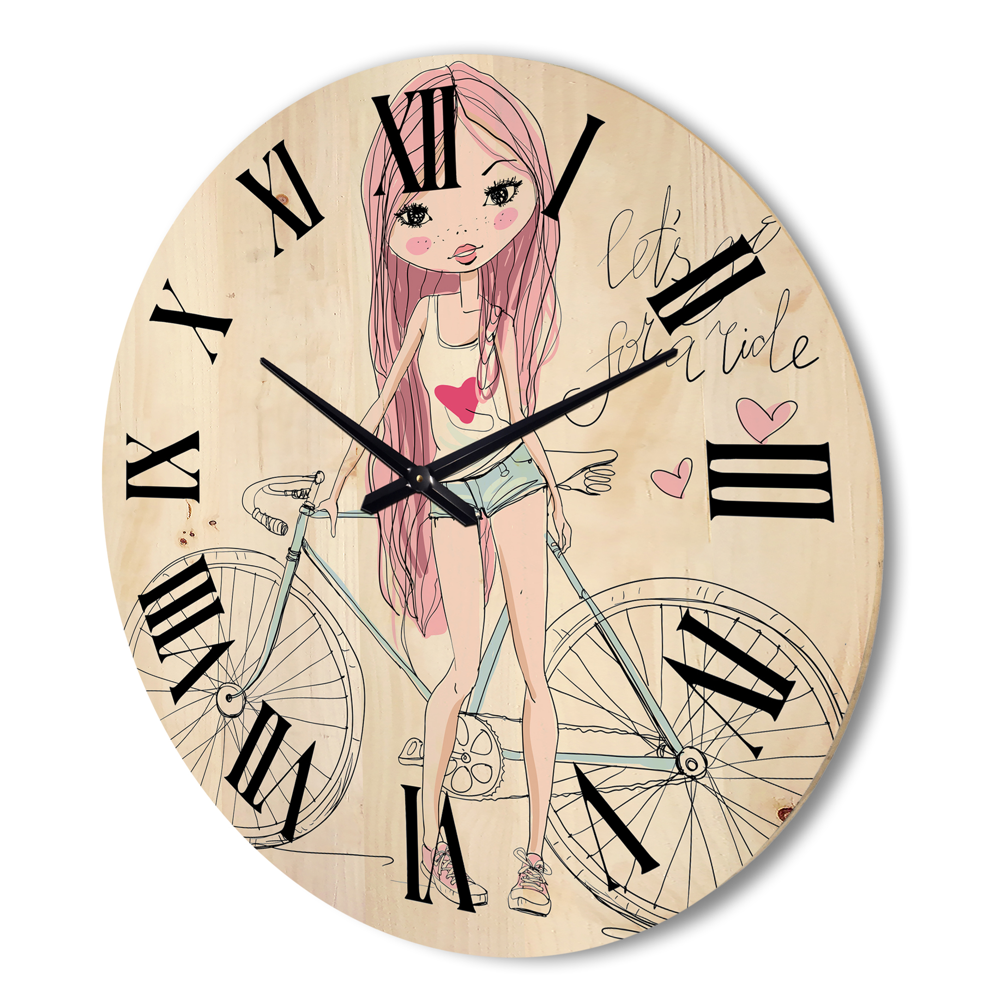 Designart 'Young Woman With Bicycle' Children's Art Wood Wall Clock