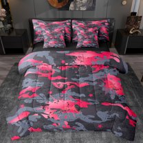 Manfei Modern Pink Camouflage Twin Bedding Sets 7-Piece for Kids, Aesthetic Watercolor Bedding Comforter Set, Fashion Artwork Splatter Reversible Sheet Sets, Luxury Bedroom Decor