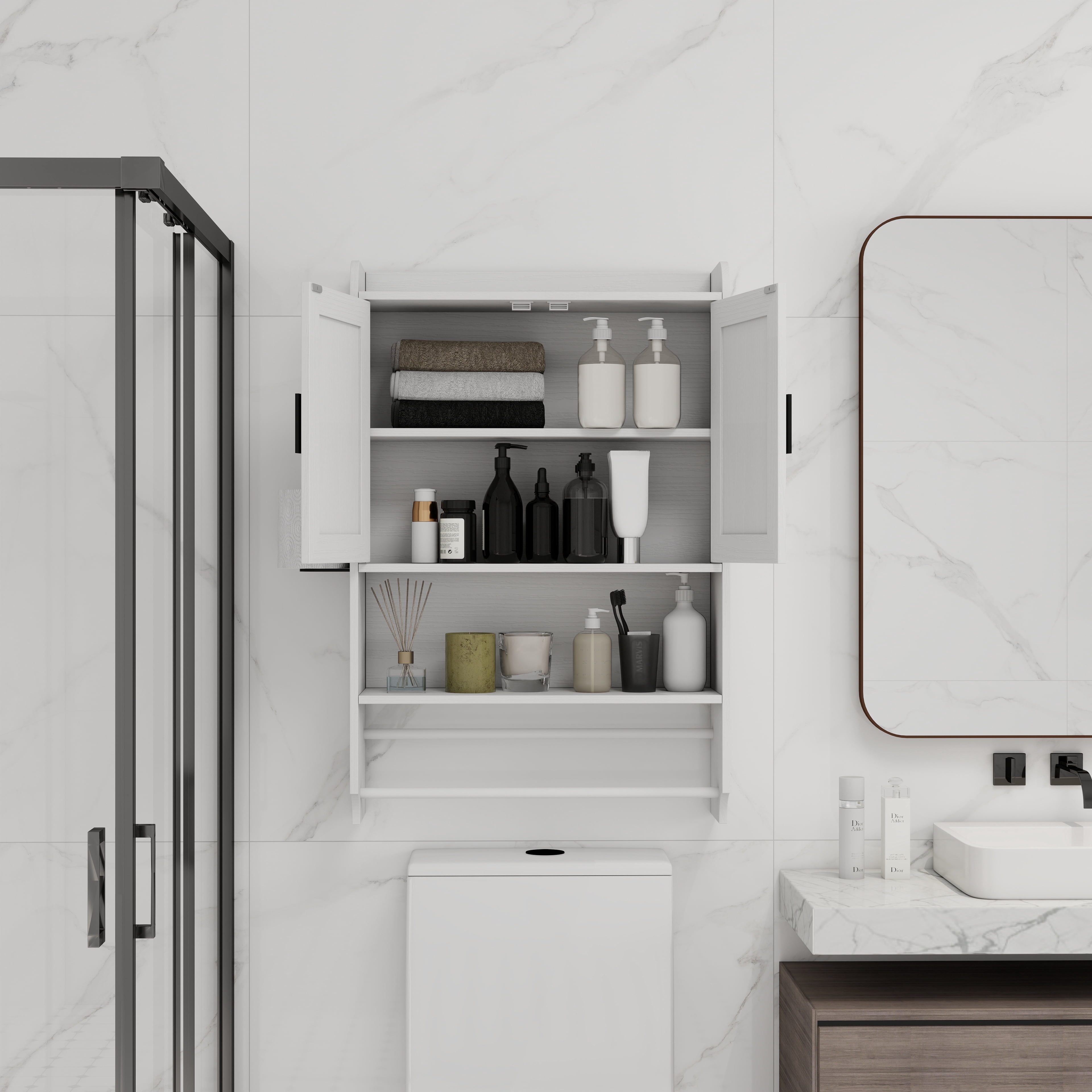 Bathroom 22" Wall Medicine Cabinet with Doors, Adjustable Shelf, Towel Bar and Paper Holder for Bathroom, Living Room, White