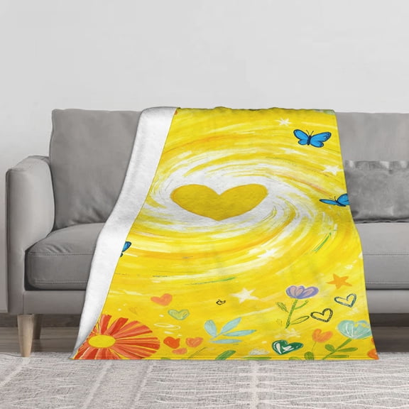 Yellow Heart Butterfly Flannel Blanket 280GSM Soft Fleece Throw with Floral Stars Swirl Print, Warm Cozy Plush Blanket for Couch Sofa Bed, Colorful Artistic Decor Vertical Blanket for Home
