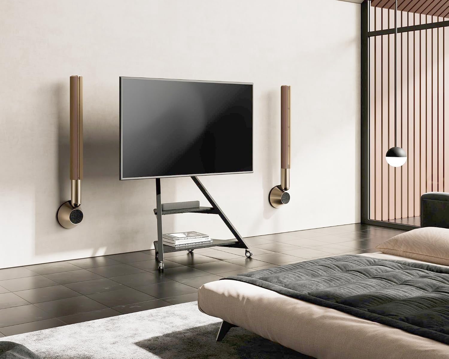 FITUEYES Eiffel Series Corner TV Stand for 55–88 Inch TVs, Black, Storage Shelf