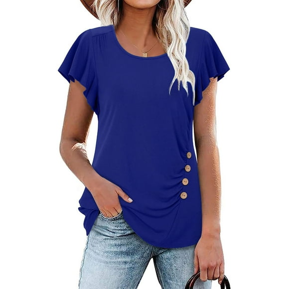 Fashnice T-shirt pour Femmes T-shirt Col Rond à Manches Courtes Été Tops Travail en Vrac Tee-Shirt Bleu