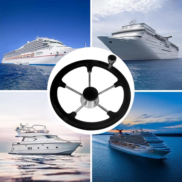 volant bateau hors bord,Volant de Bateau de 13,5 Pouces, Volant de Bateau en Acier Inoxydable à 5 Rayons, Bouton de Poignée en Mousse Noire Résnt à la Rouille pour les Yachts de