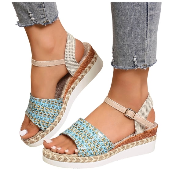Women's Espadrille Wedge Sandals Ankle Strap Platform Open Toe Boho Braided Band Wedges Heels Beach Vacation Dress Shoes Sky Blue Size 6.5