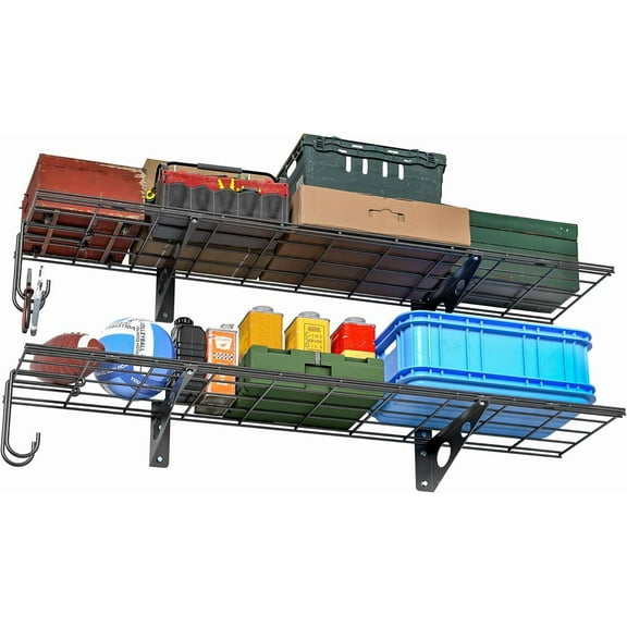 Garage Wall Shelves, 12 X 48 Inch Wall Mounted Storage Shelves, Heavy Duty Metal Shelving with Hooks, 2 Pack, Black