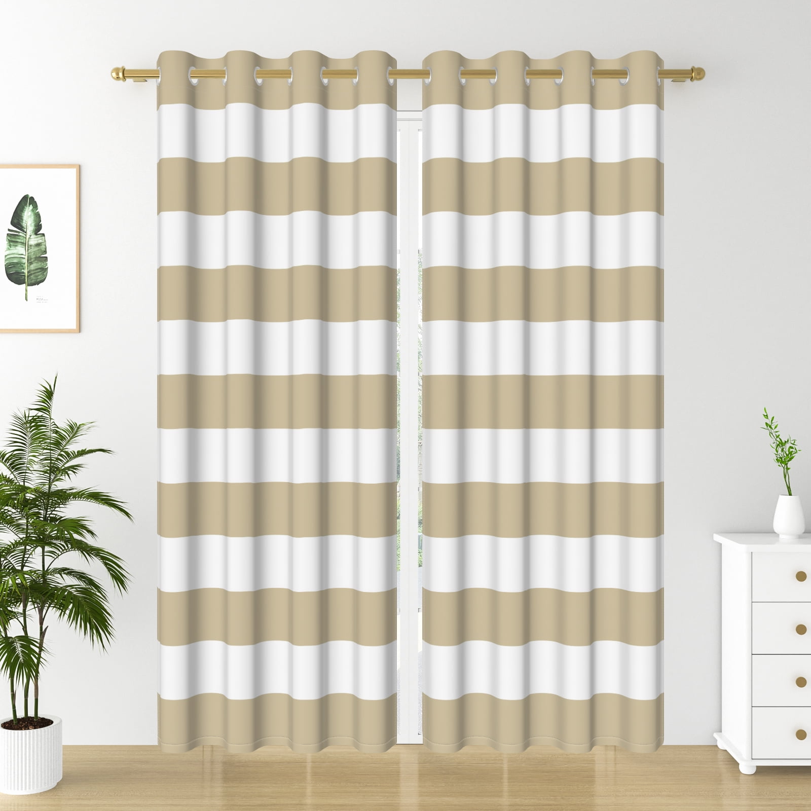 Nanqianyi Beige Striped Blackout Curtains, Classic Horizontal Stripe Grommet Drapes for Bedroom, Thermal Insulated Room Darkening Curtains 2 Panels Set 42x84 Inch