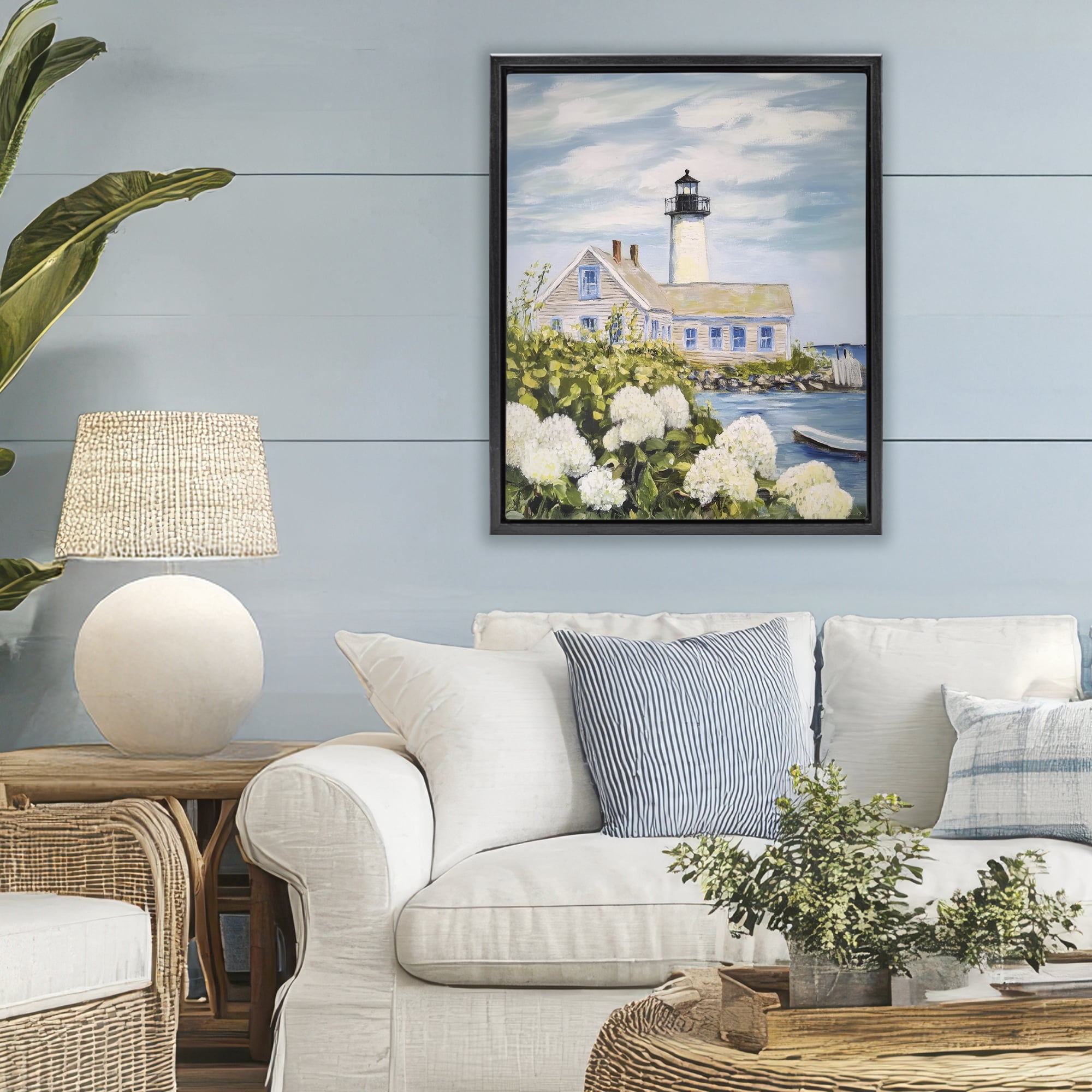 Stupell Industries Lighthouse Scenery with Hydrangeas Black Framed Floater Canvas Wall Art, design by Sisi and Seb