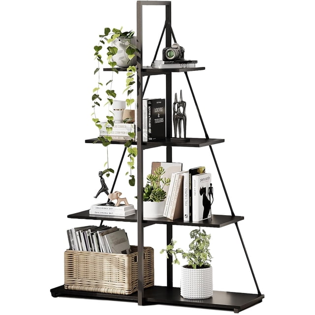 4 niveles ladder a-shaped de esquina estante - free standing estante de libros estante almacenamiento rack organizer con steel frame para home, oficina, sala de estar, y kitchen, negra