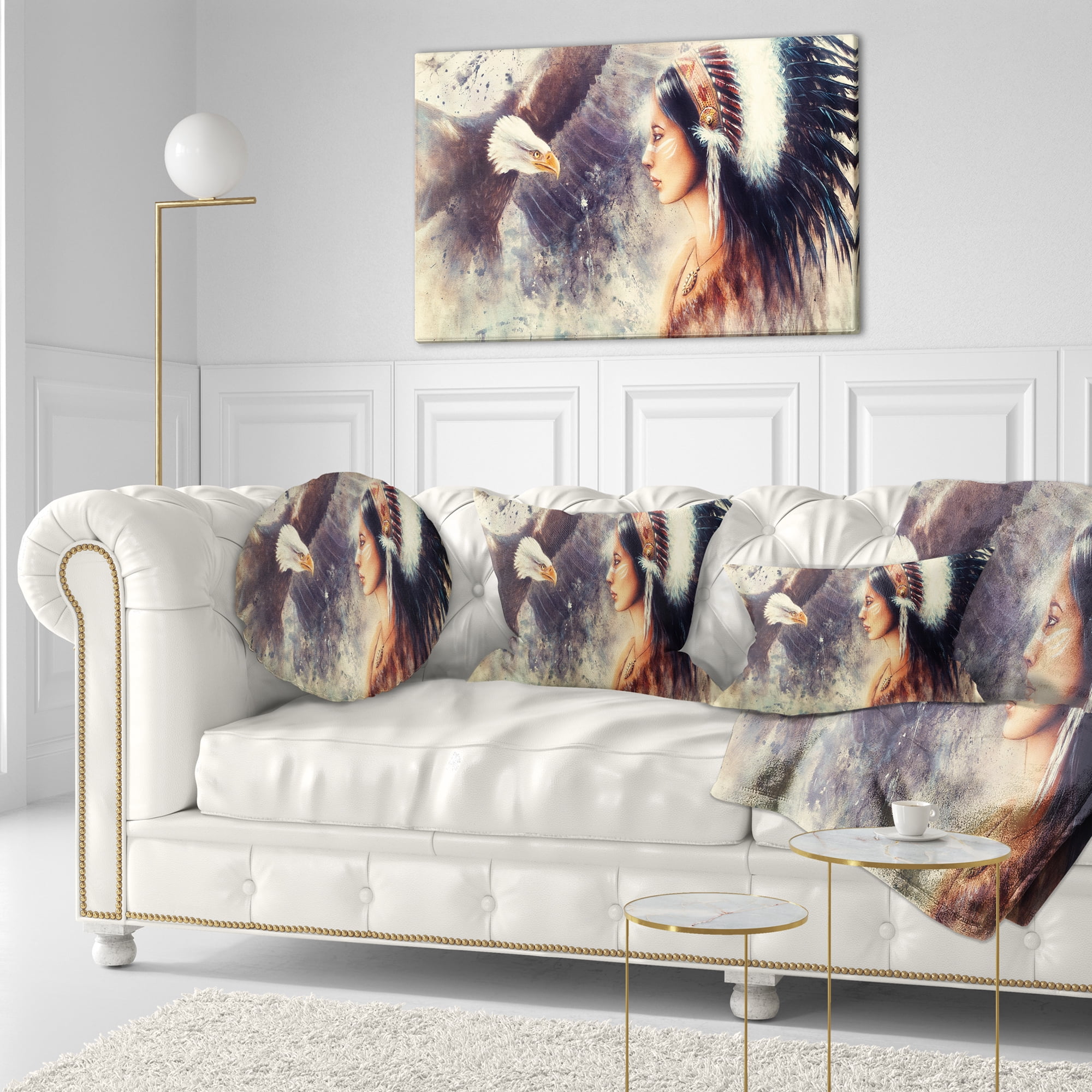 Designart Indian Woman and Eagle - Portrait Throw Pillow - 12x20