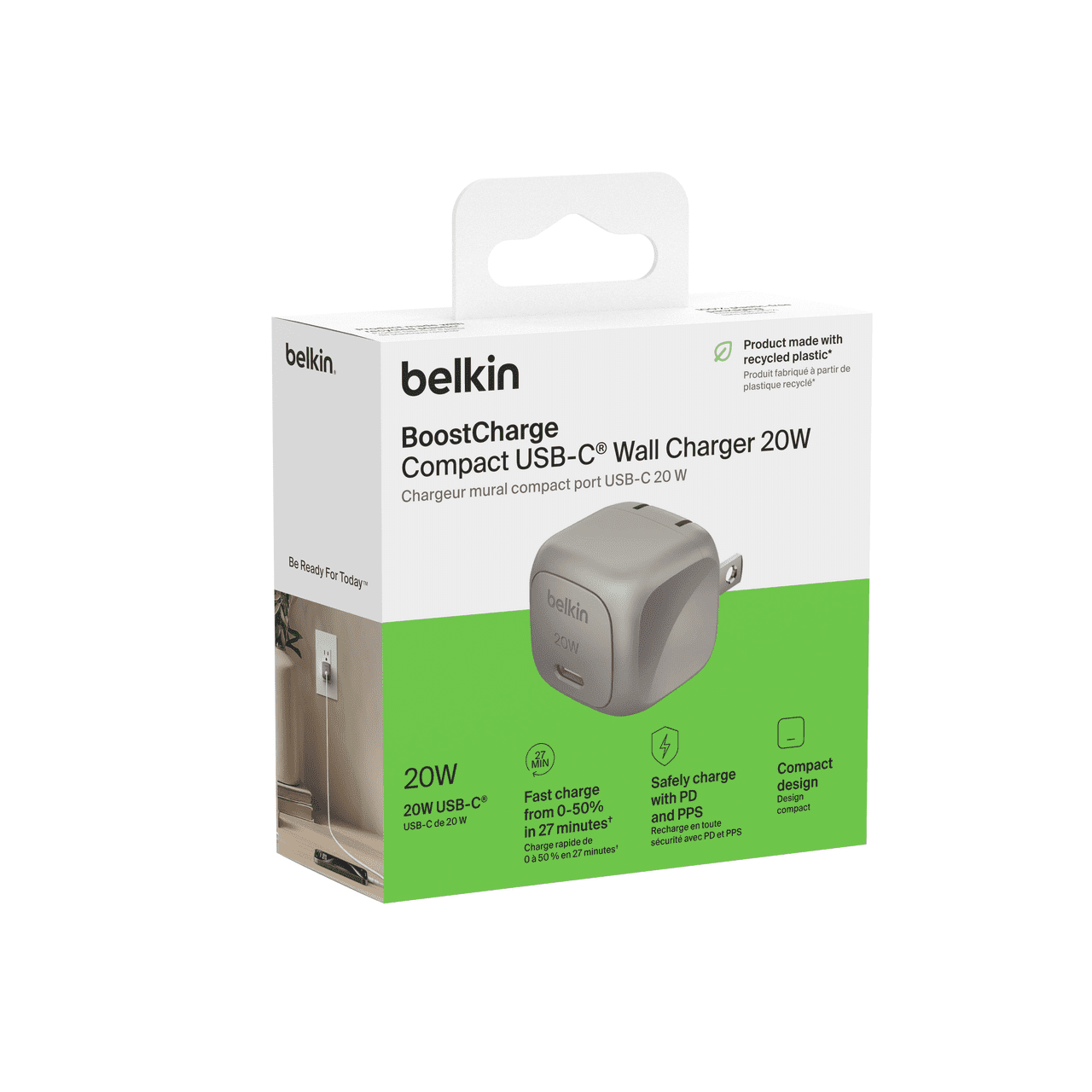 Belkin Compact Wall Charger 20W, USB-C Power Delivery Fast Charging for Apple iPhone 16, 15, 14, 13, Plus, Pro, Pro Max, Samsung Galaxy S25, Galaxy S24, Google Pixel 9, iPad, AirPods, & More - Gray