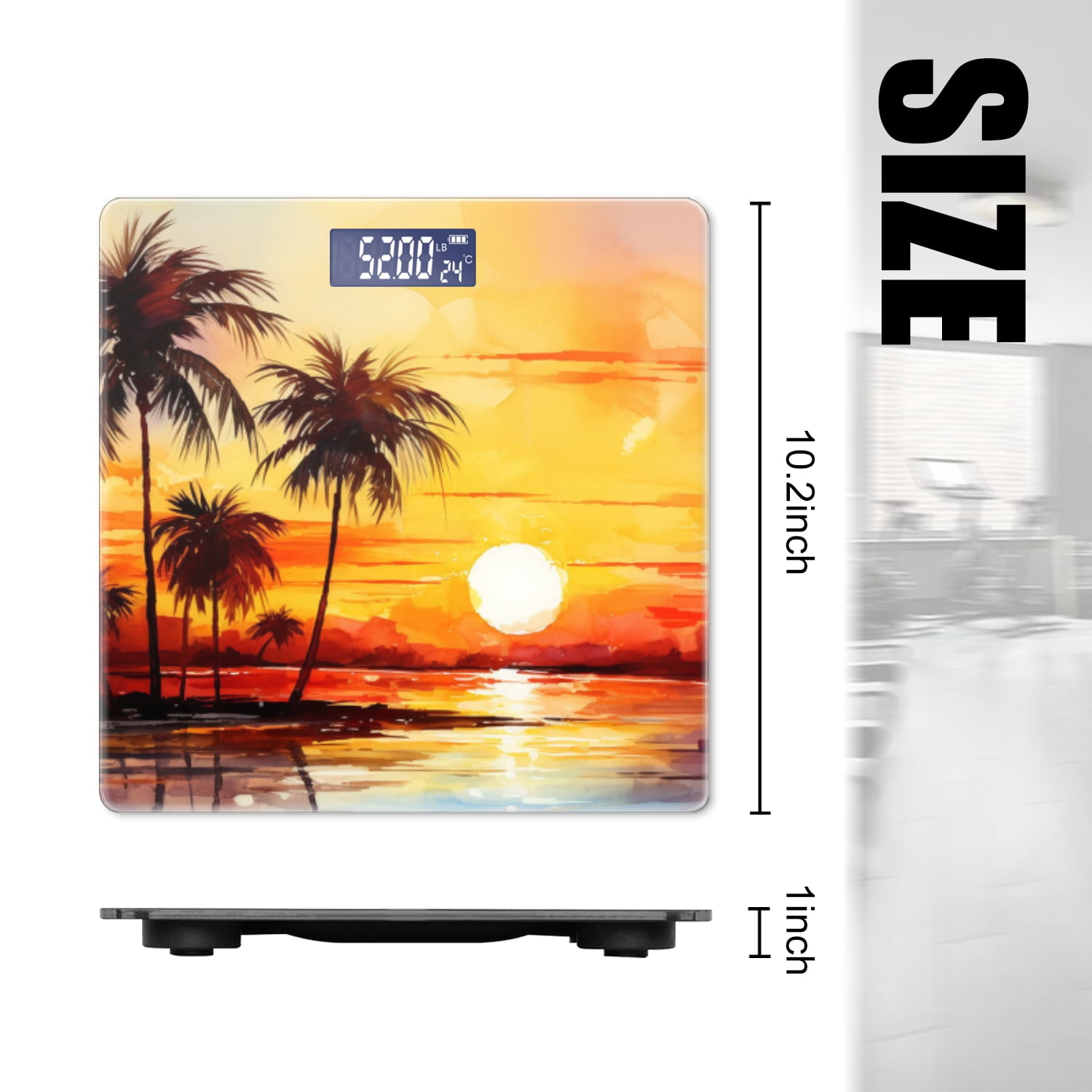 Bathroom Scale, Highly Accurate Digital Body Scale,Precisely Measures Weight up to 400 lbs-Watercolor Sunset With Palm Trees On The Beach