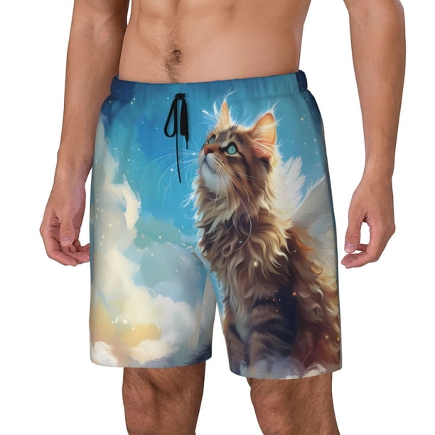 Balery Blue Sky Winged Cat Bañador para hombre, shorts de playa de secado rápido con entrepierna y forro de compresión-Large