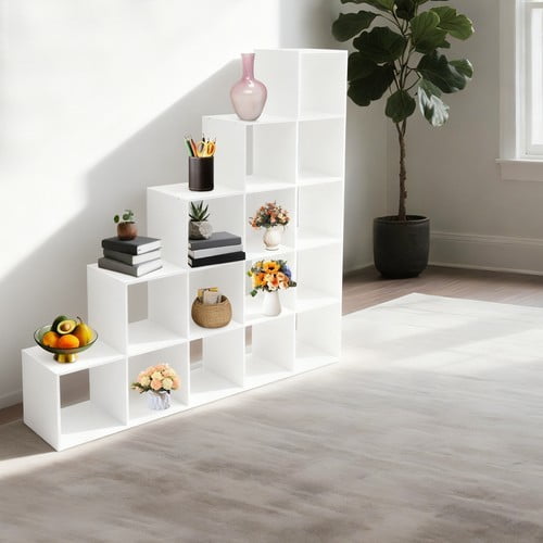 Modern Free Standing White Ladder Cube Storage Bookcase L-Shaped Corner Shelf 15-Cube Organizer