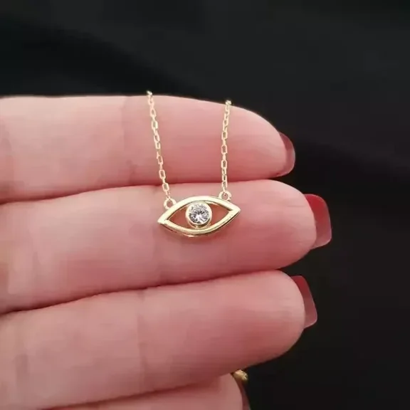 0.10 Ct Round Cut D/VVS1 Moissanite Bezel Evil Eye Pendant Necklace 14K Yellow Gold Plated