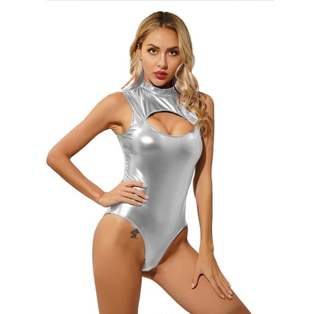 Sxiwei Womens One Piece Sleeveless Leotard Shiny Leather Cutout Front Catsuit Bodysuit Silver S