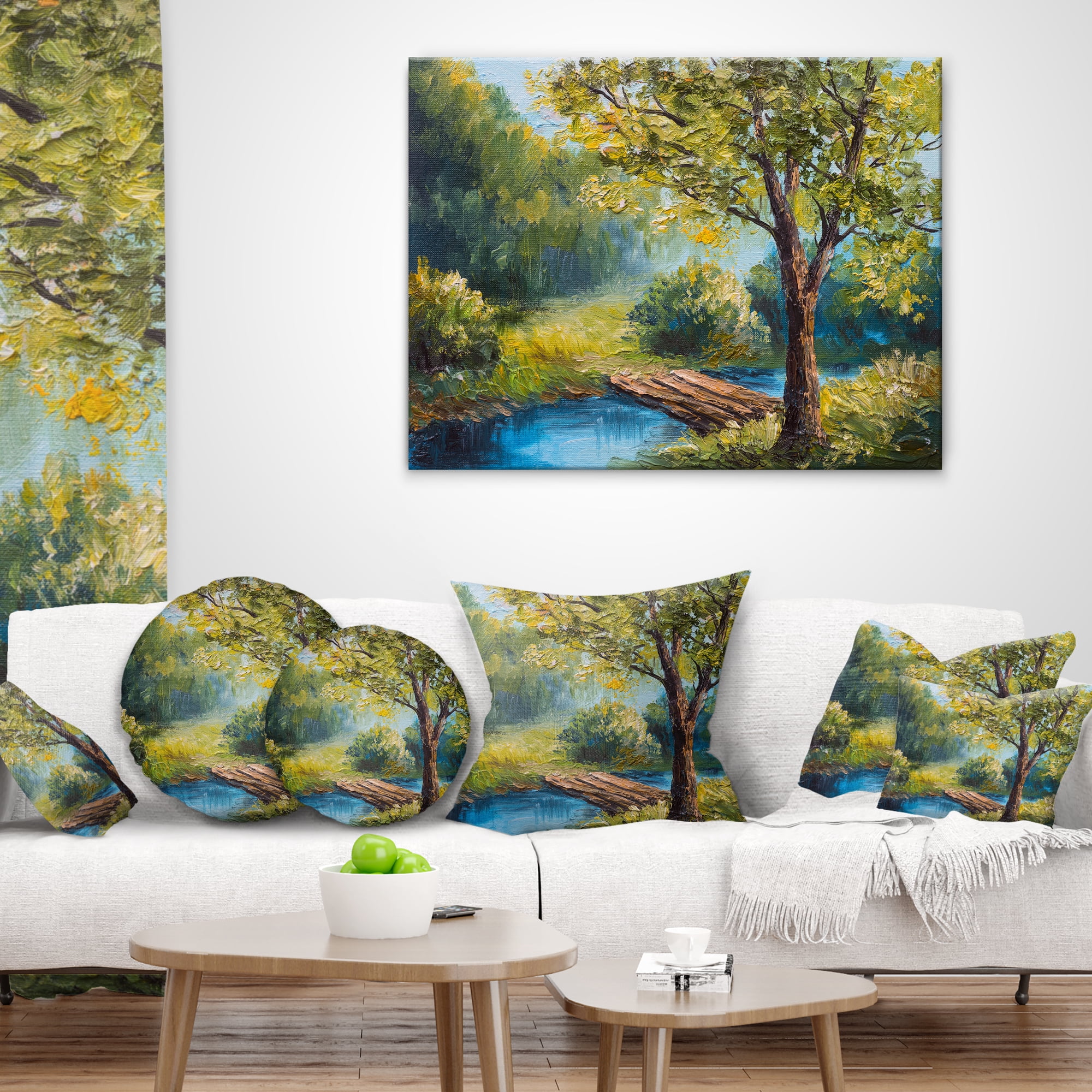 Designart Summer Forest with Beautiful River - Landscape Printed Throw Pillow - 12x20