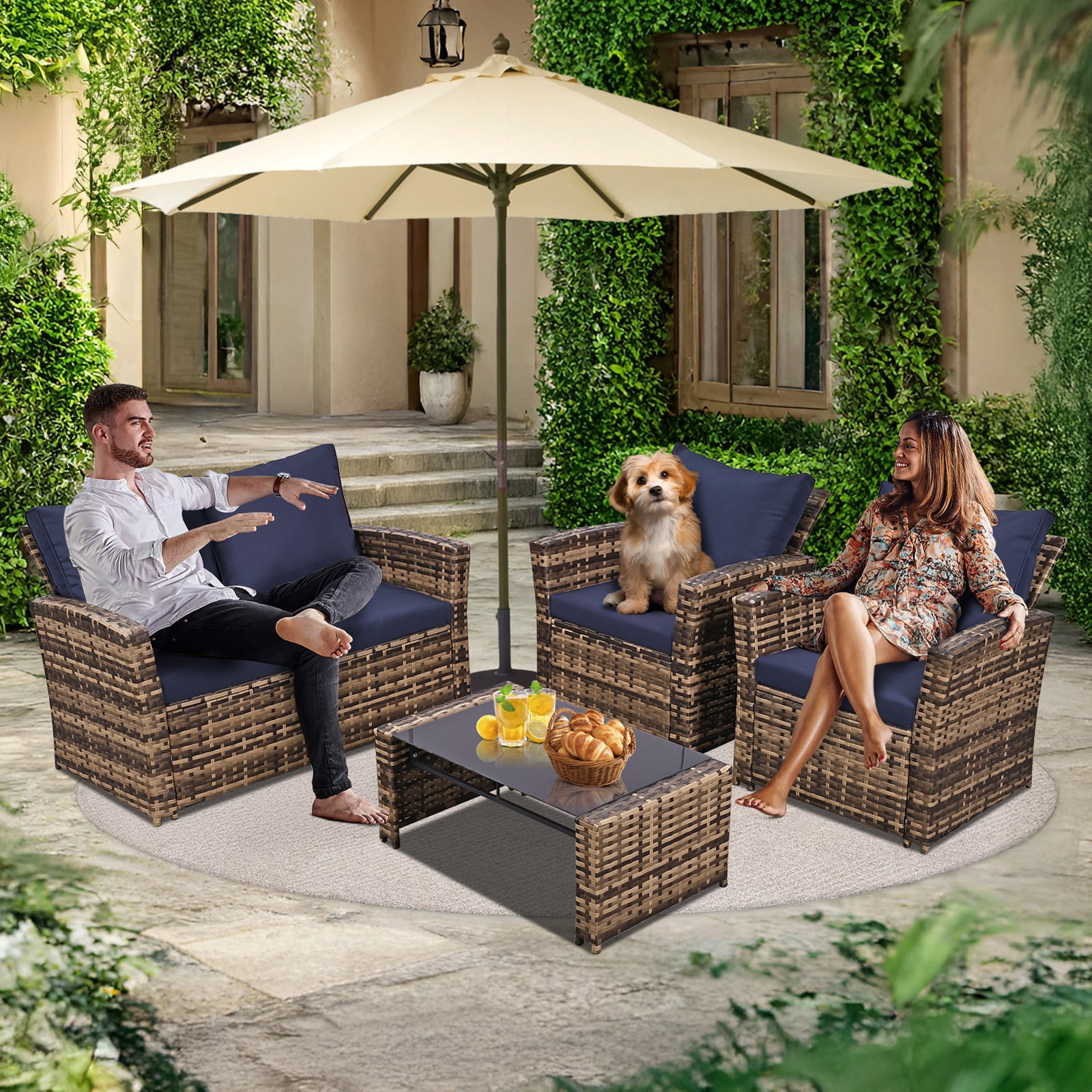 4 Piece Outdoor Patio Furniture Set,Wicker Conversation Sets Outdoor Sectional Patio Sofa Couch with Cushions & Coffee Table for Outside, Garden, Balcony, Porch,Yellow/Blue