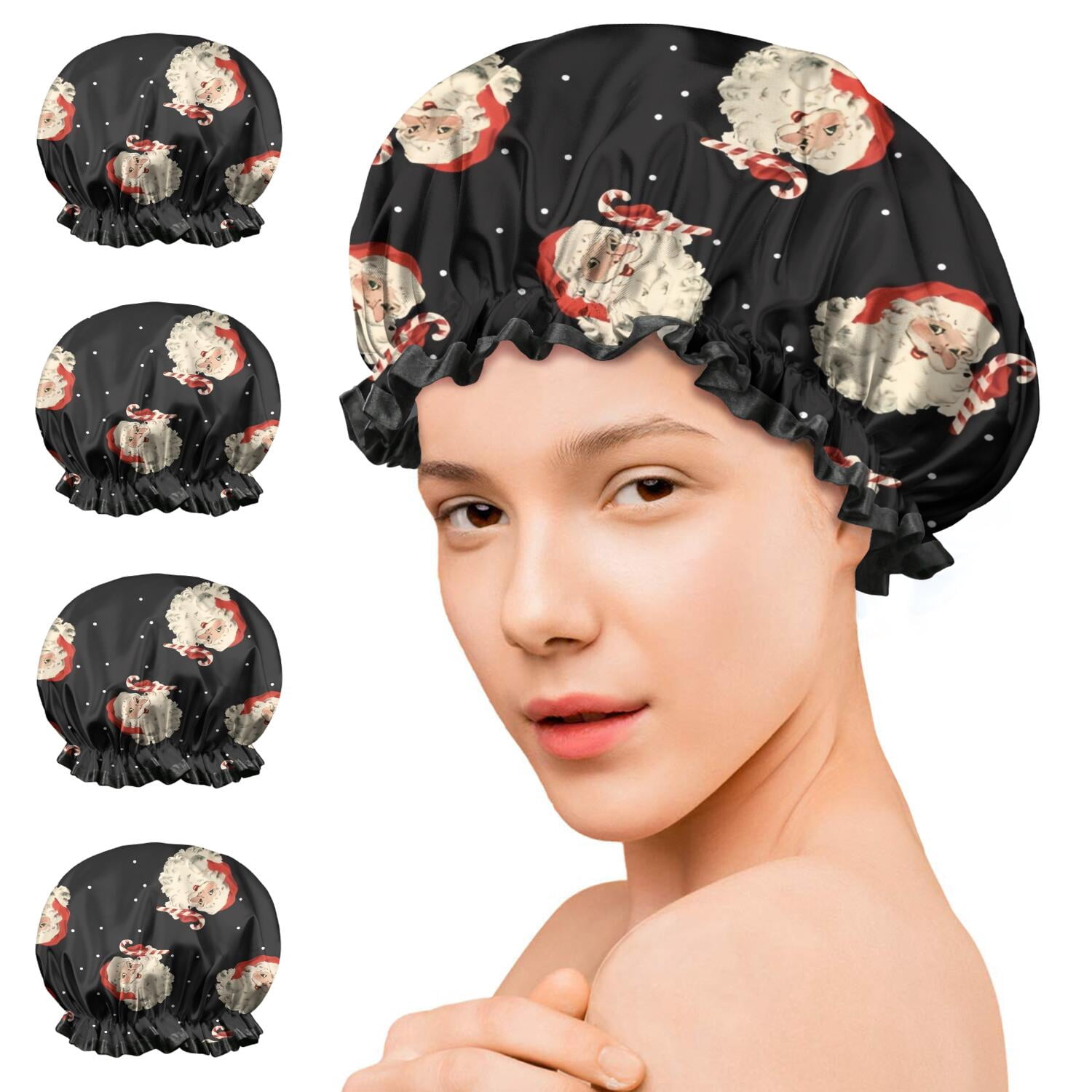 Shower Caps,Black Christmas Santa Pattern Waterproof Shower Cap for Women 4 Pieces,Double Reusable Hair Cover for Shower PEVA Elastic Stretch Hem