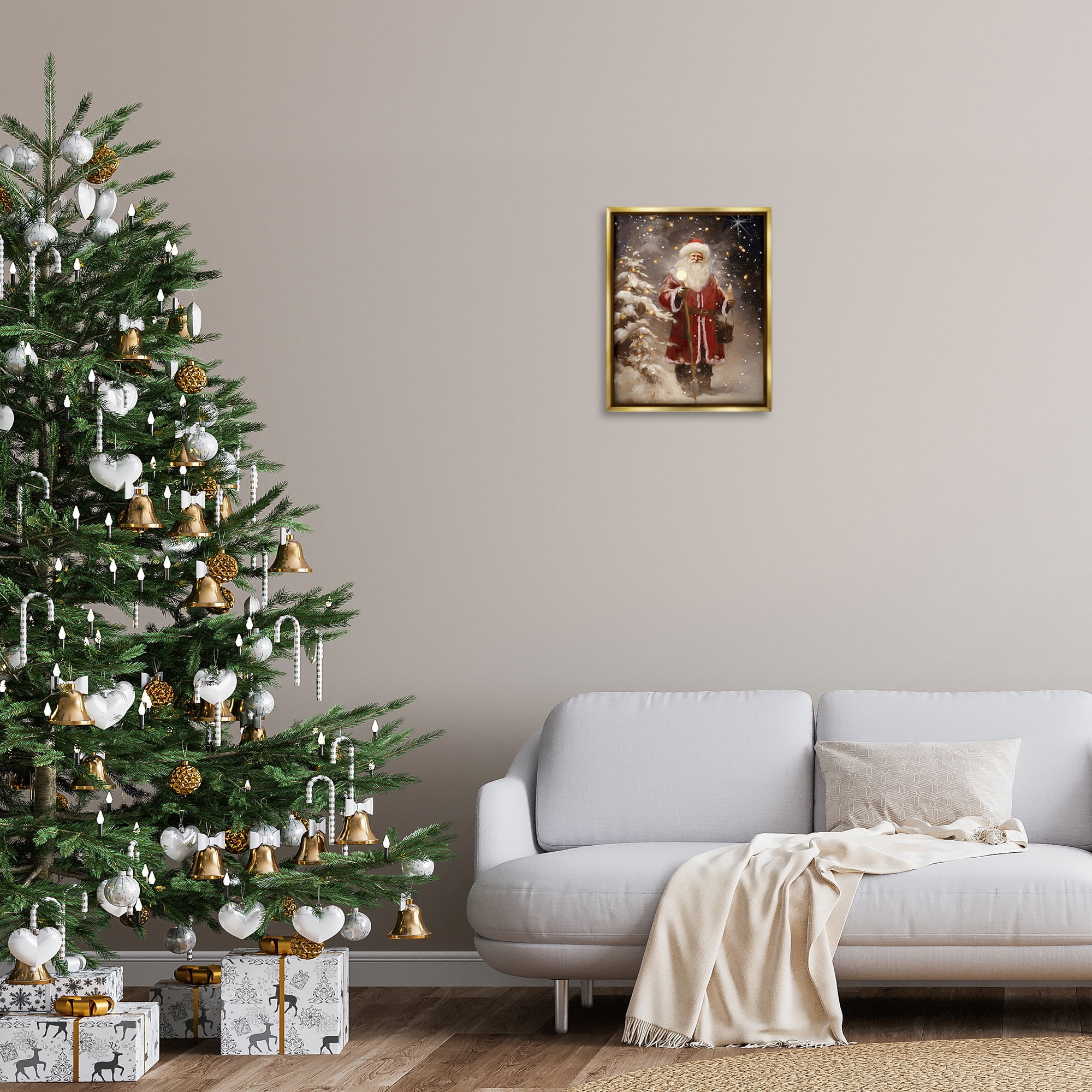 Stupell Industries Santa in Snowy Night Scene Holiday Painting Gold Floater Framed Canvas Art Print Wall Art, 17 x 21