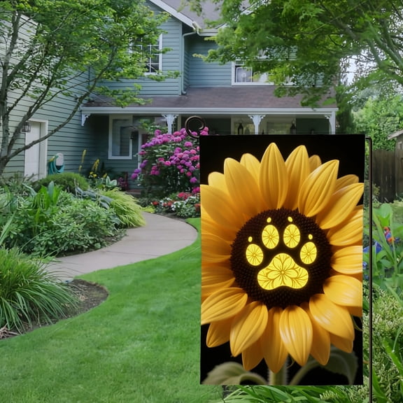 Spring Summer Garden Flag Double Sided Cute Dog Paw Print Love Yellow Sunflower Design Linen Welcome Yard House Outside Outdoor Decoration,12*18 inch
