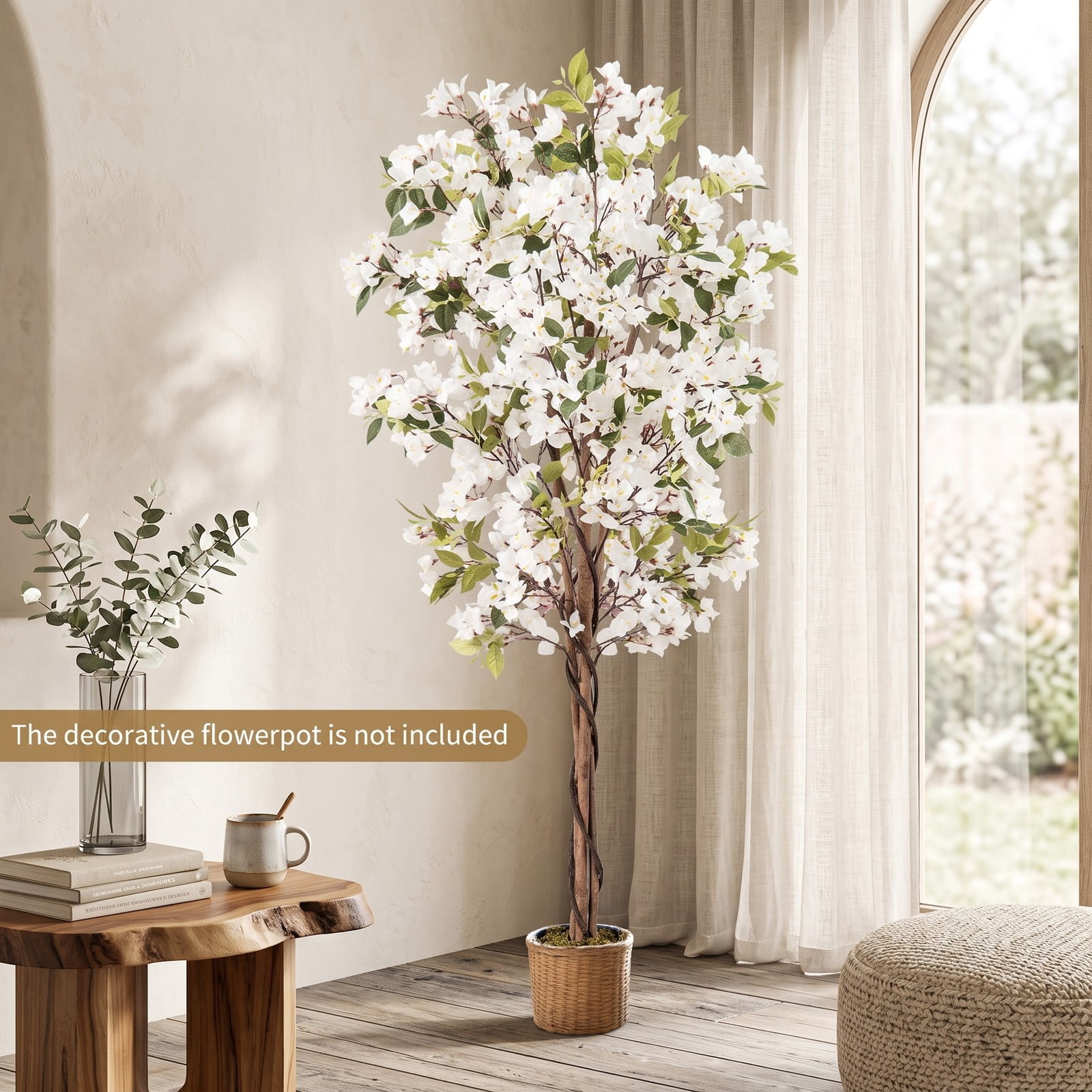 ALPULON 6 FT Artificial Bougainvillea Tree Set of 2 with 910 White Flowers, Faux Silk Flower Tree with Cement-Filled Planter for Indoor Outdoor Home Office Decor, White