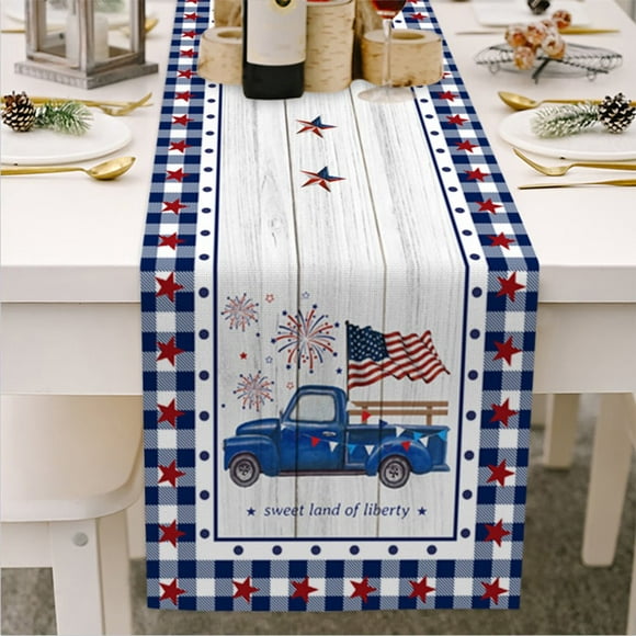 [] Independence Day Table Runner 13*70inch Cotton Linen Table Runner 4th of July Patriotic Runner for Tables Truck American Flag Stars Independence Day Memorial Day Decorations Dinner Run