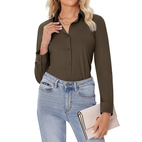 Camisas con botones para mujer Siliteelon Slim Fit Coffee Brow