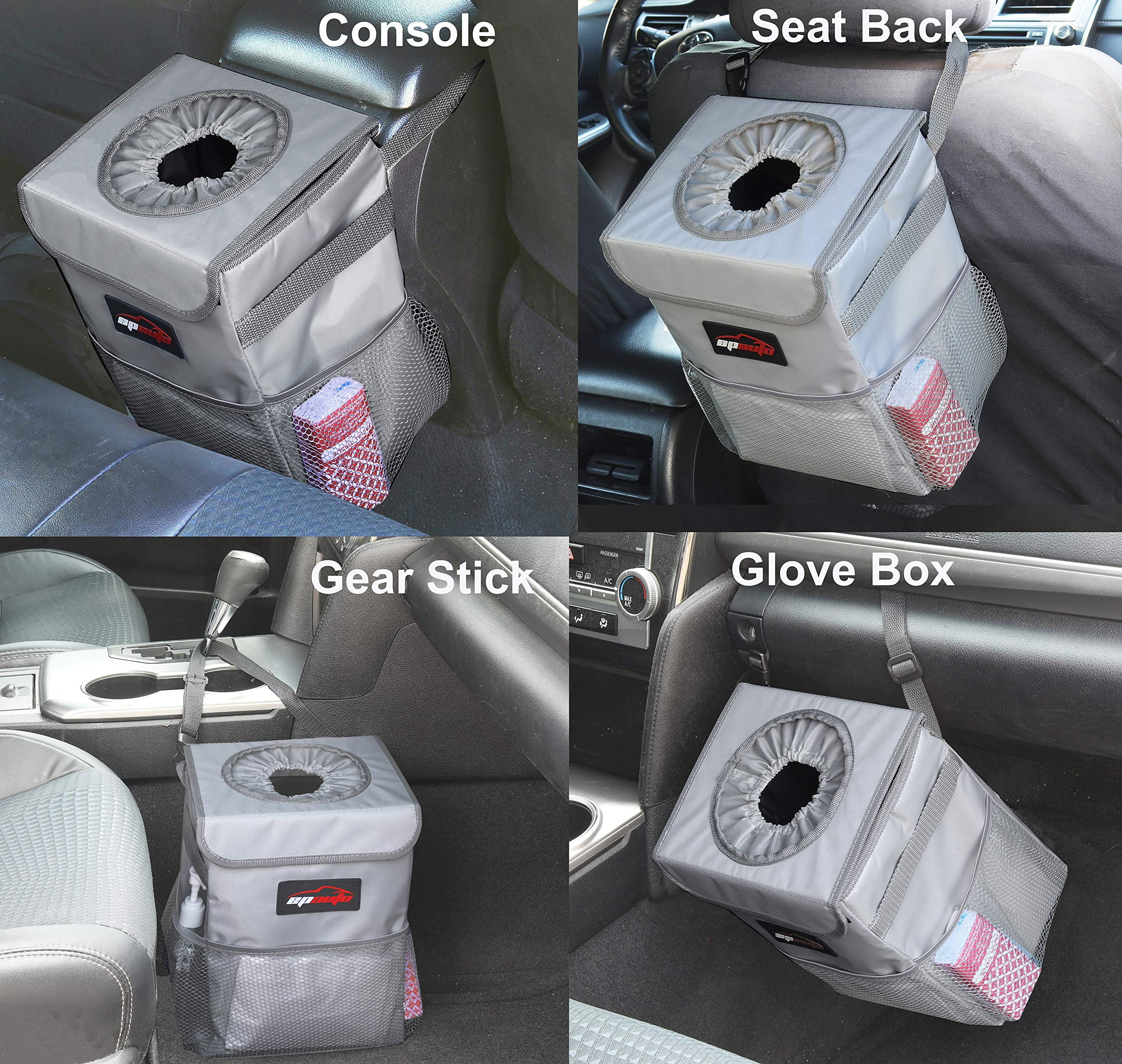EPAuto Waterproof Car Trash Can with Lid and Storage Pockets, Grey 