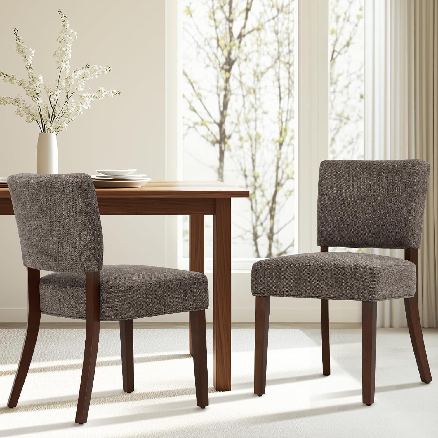 Mid Century Modern Dining Chairs Set of 2, Upholstered Kitchen Chairs with Back, Farmhouse Fabric Side Dining Room Chairs with Wood Legs for Dining Room Kitchen Restaurant, Brown