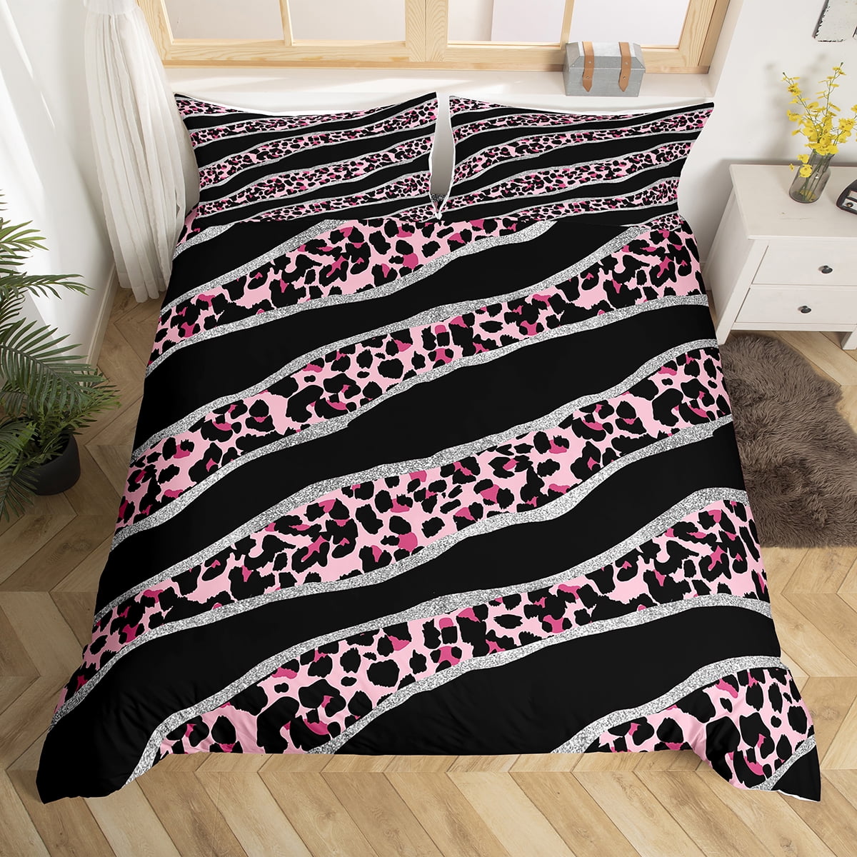 YST Pink Cheetah Print Duvet Cover Queen Chic Leopard Bedding Set