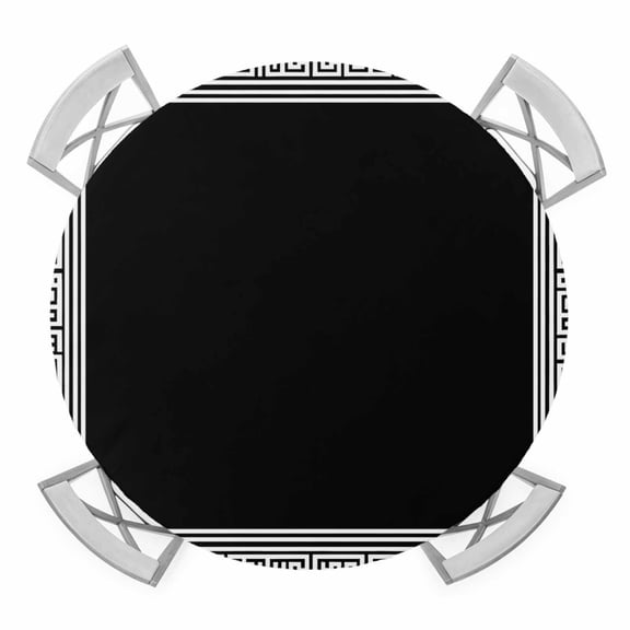 Black Geometric Round Fitted Tablecloth with Elastic Edge, Waterproof Table Cloth Table Cover for 45"-54" Tables, Greek Key Design Abstract Modern Art Tablecloths for Dining Picnic Indoor Outdoor