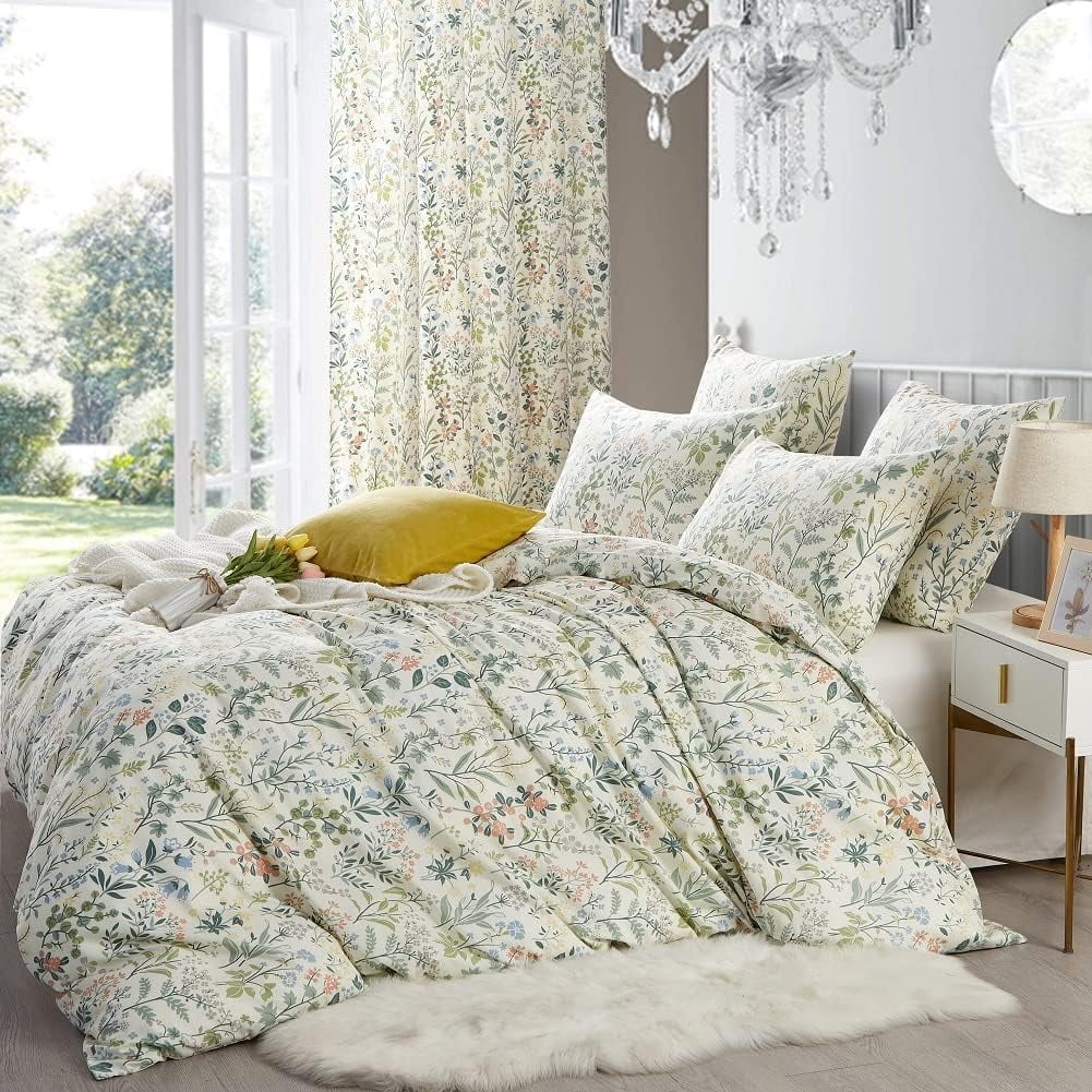 Boho Floral Duvet Cover Green Botanical Bedding Set with Colorful Flower Print Pattern Soft Microfiber Comforter Cover