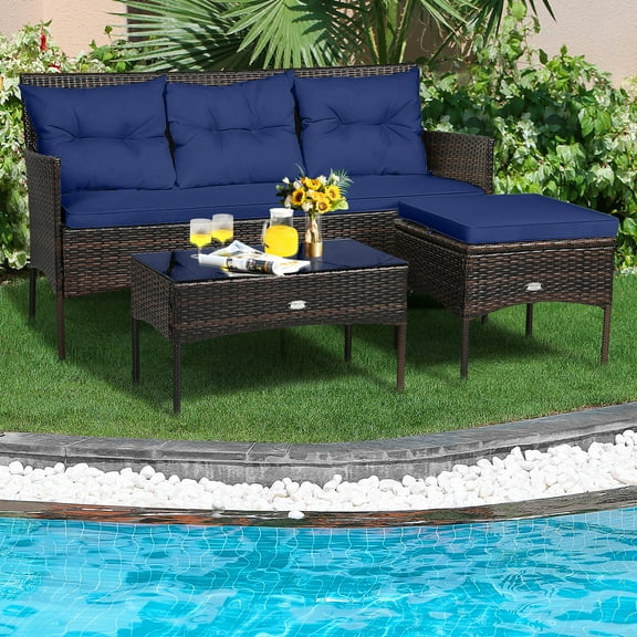 Gymax Set of 3 3-Seat Sofa Cushioned Table Rattan Furniture Set Garden Patio Navy