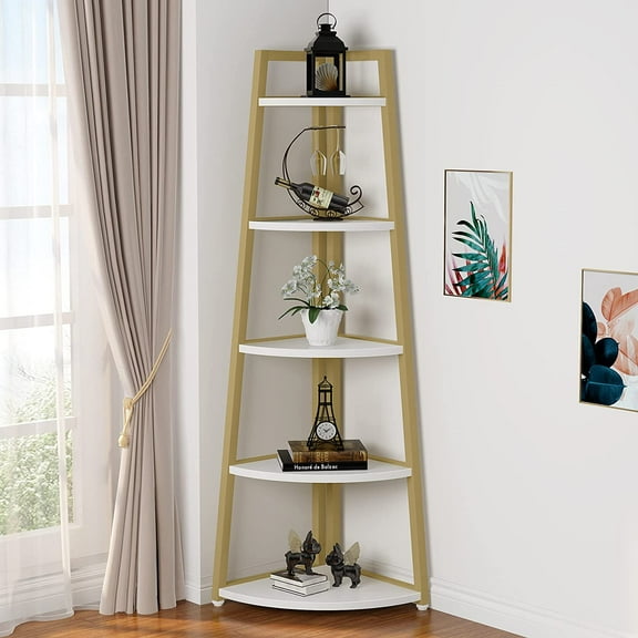 TribeSigns 70 inch Tall Corner Shelf, 5 Tier Corner Bookshelf Bookcase Corner Ladder Shelf Gold