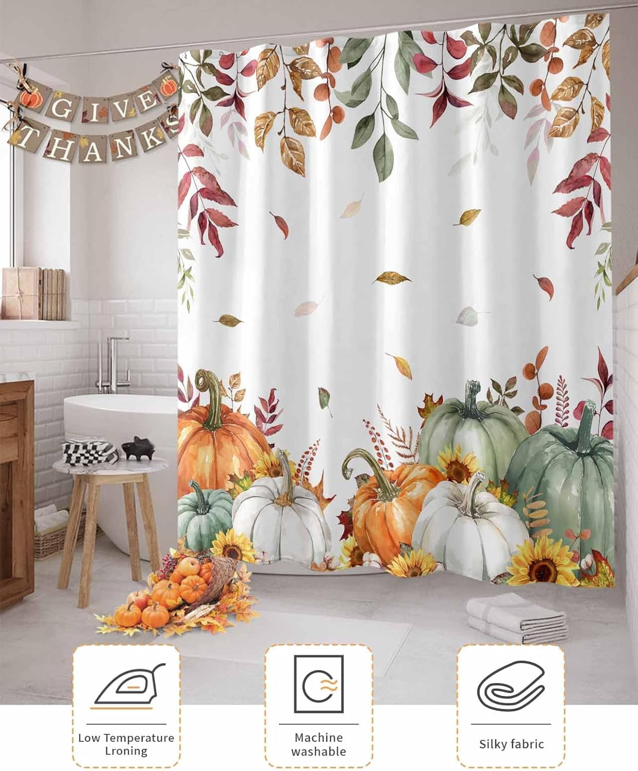 Fall Shower Curtain Sage Green Pumpkin Shower Curtains for Bathroom Sunflower Floral Eucalyptus Leaves Bath Curtains Sets with Hooks for Autumn Thanksgiving Seasonal Decor Extra Long 72" X 84"