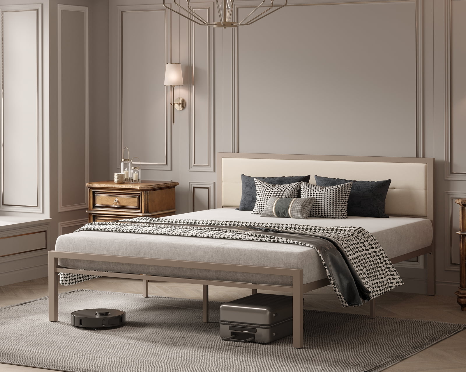 Bonsoir KING Size Bed Frame Steady Steel Platform with Fabric Headboard/Footboard (Champagne Color Frame)