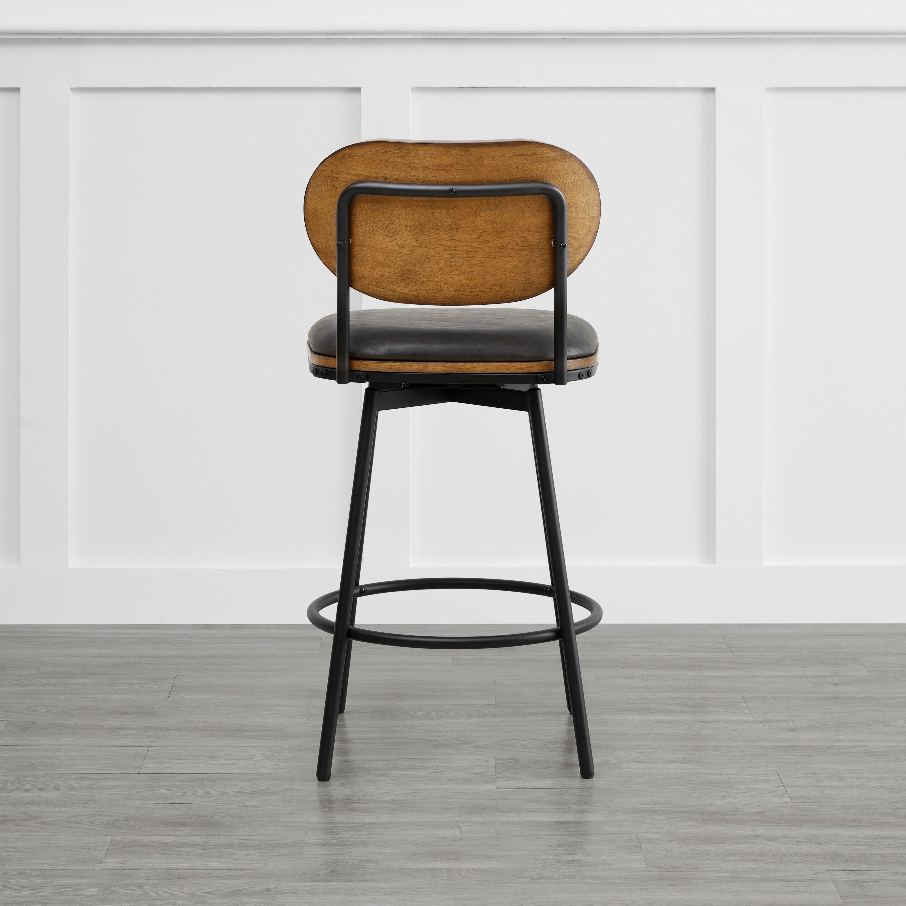 Spruce & Spring Counter Height Swivel Bar Stool with Wood Back and Metal Legs Set of 2, Dark Grey