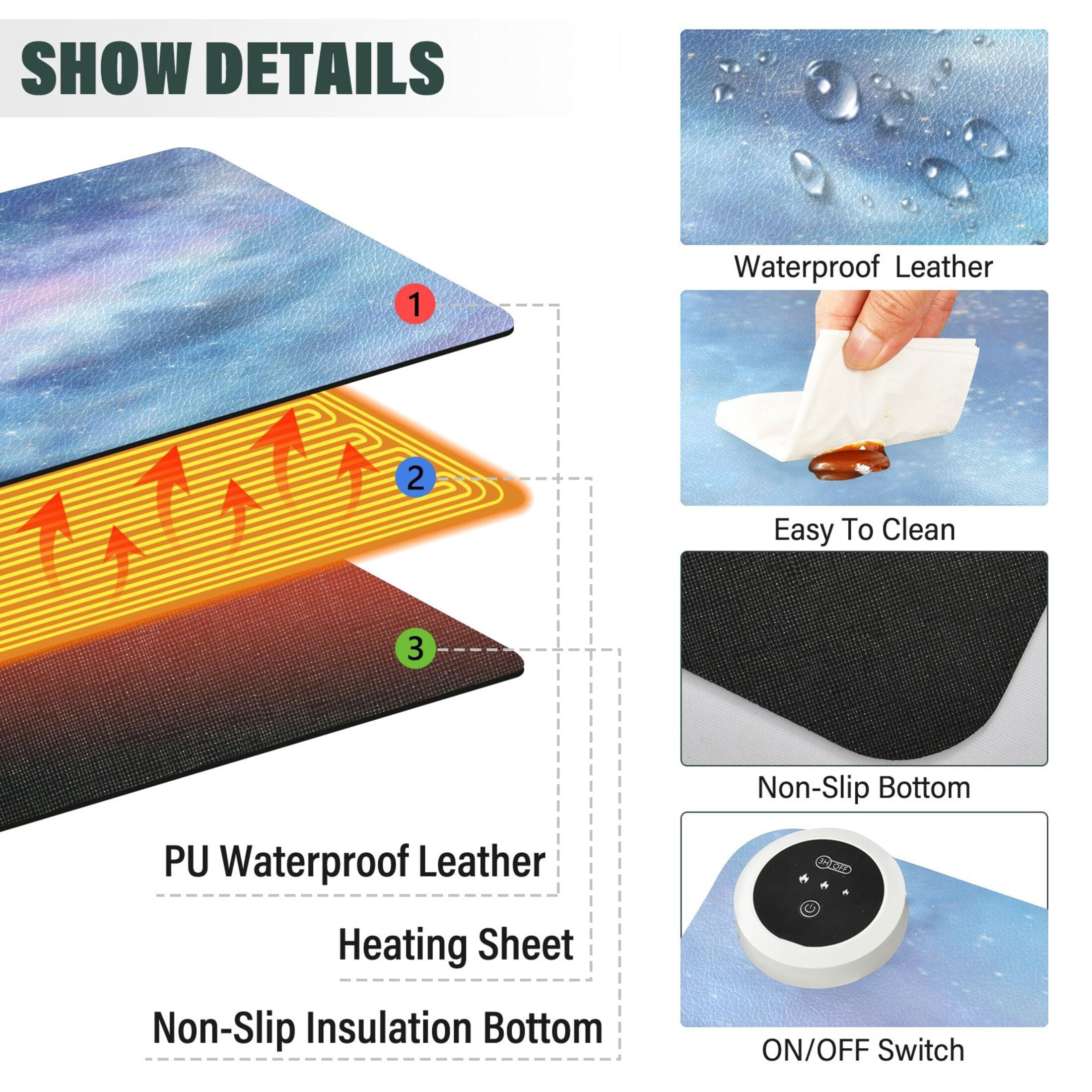 Large Heated Desk Mat Mouse Pad 31.5"x13"PU Leather Graphene Heating Desk Warmer with 3 Temperature Settings 110V US Plug Non-Slip Warm Pad for Home, Office, and Gaming Seamless Cosmic Texture Design