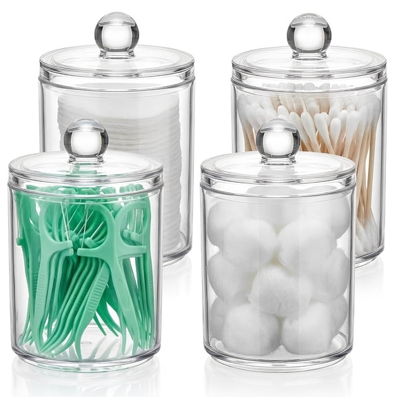 Small Clear Plastic, 4-Pack Apothecary Jar Set, Cotton Ball/Swab/Round Pad/Floss Pick Organizer for Bathroom Vanity