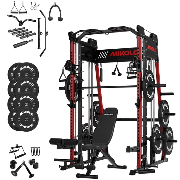 Mikolo M11 Smith Machine, Complete Starter Home Gym Package, 2200 lbs Power Rack with 230LBS Plates and Weight Bench, Total Body Strength Training Cage
