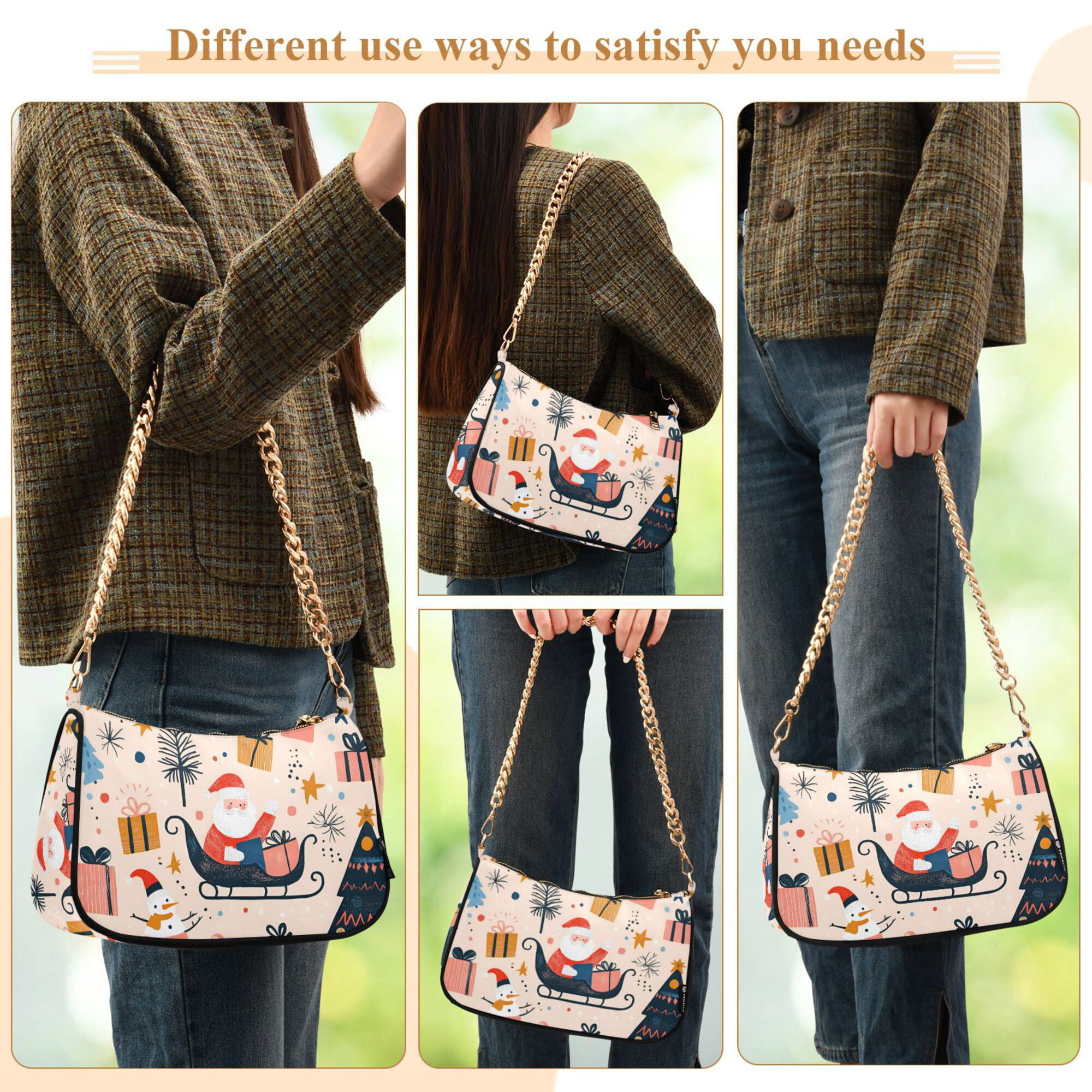 FORMRS Womens Shoulder Bag with Chain Strap Clutch Purse Cute Tote Handbag, Beige Christmas Santa