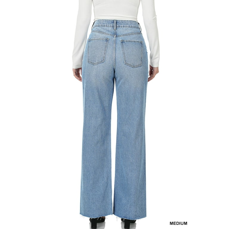 Zenana Women's High Rise Destroyed Raw Hem Straight Leg Zenana Women's High Rise Destroyed Raw Hem Straight Leg