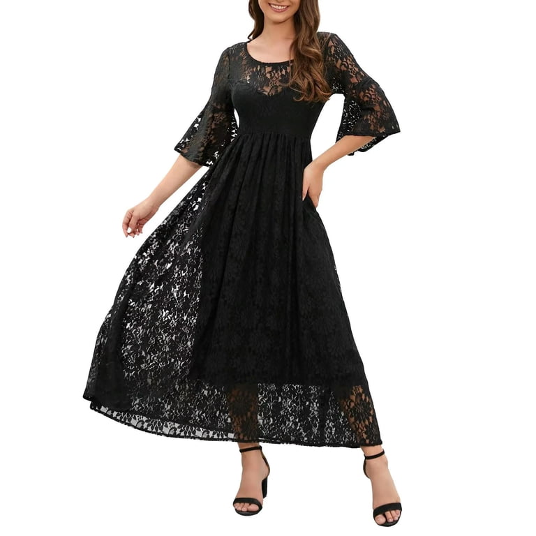 Women's Red Lace Party Dress Elegant Cutout Bell Sleeves Wedding Formal  Occasion Dress Summer Swing A Line Maxi Dress-Black-M - Walmart.com