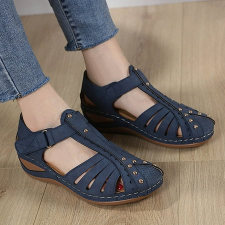 

ZHELIYO Women s sandals Women Summer Solid Hook Loop Casual Round Toe Wedges Comfortable Beach Shoes Sandals Blue 9