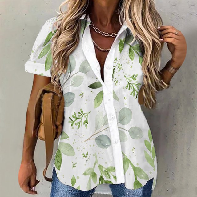 Cardigan Léger Mode Femme Blouse Décontractée à Imprimé Chemise à Manches Courtes Été Hauts à Boutons en Liquidation