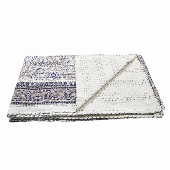 Indian Floral Print Bedding Hand Black Print Kantha Quilt Throw Blanket Bedspread Handmade Single Size