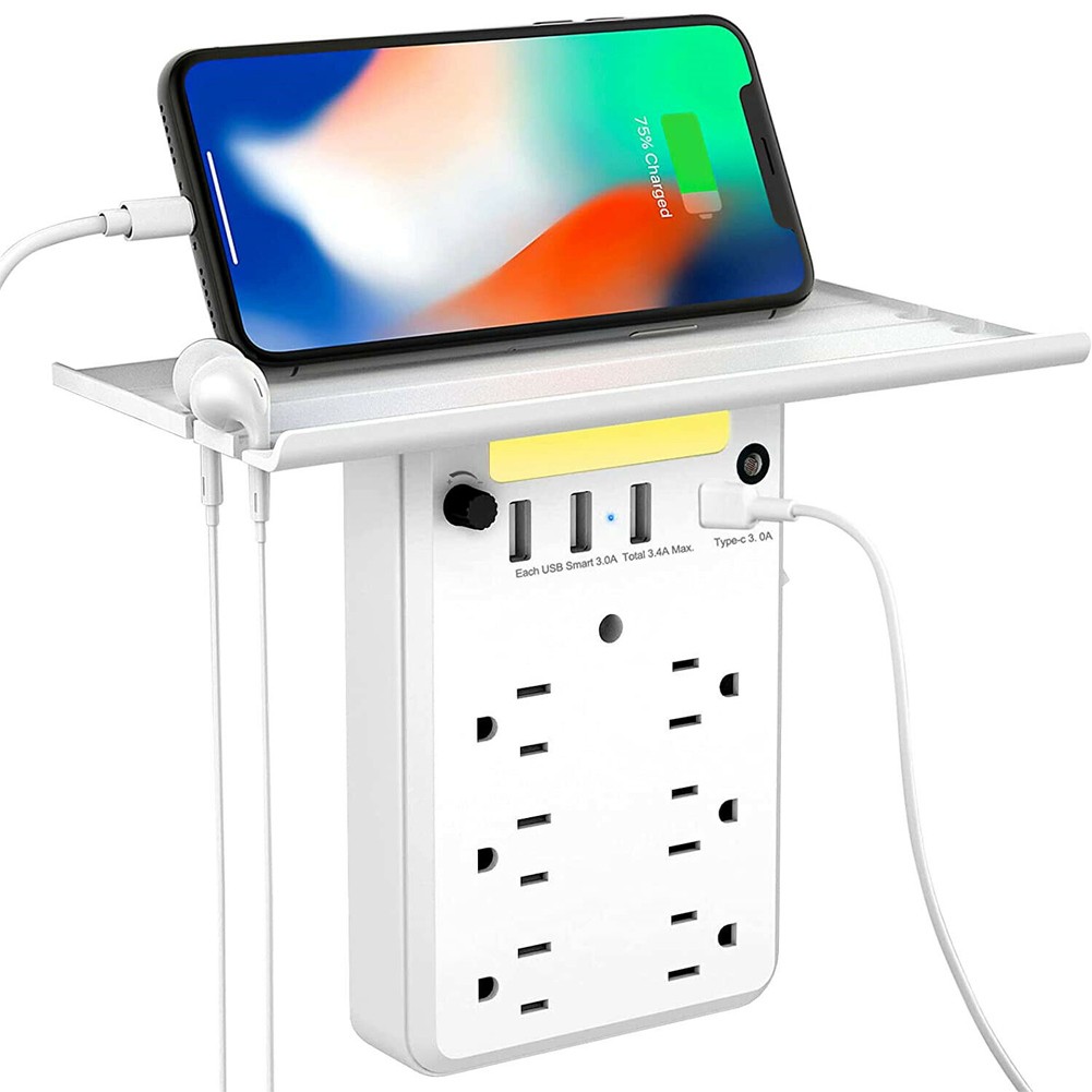 6 Outlet Socket, Wall Mount Outlet Extender Multi Plug with 4 USB