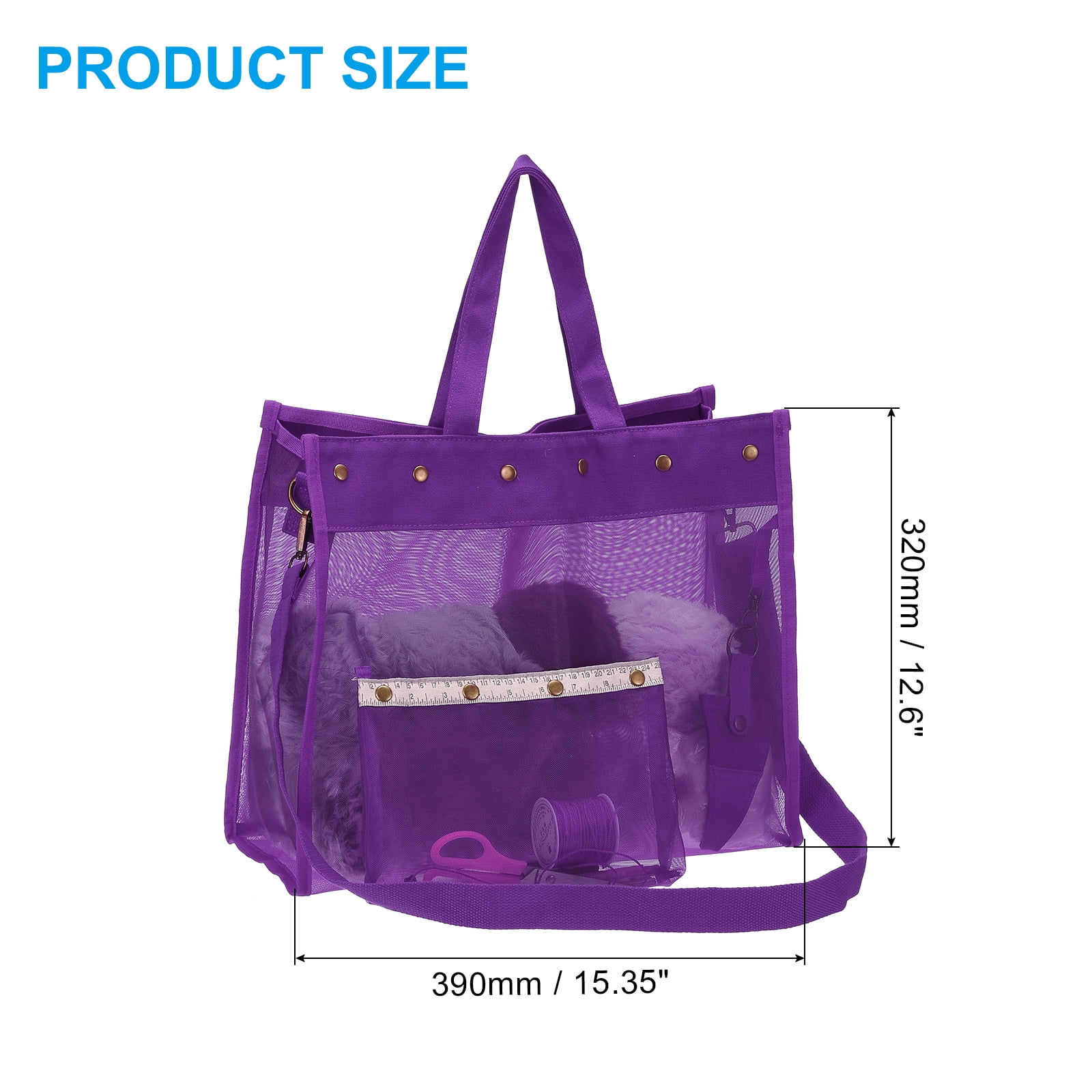Uxcell Crochet Bag for Yarn Storage, Large Size Knitting Organizer Detachable Mesh Yarn Case Holder with Strap, Purple