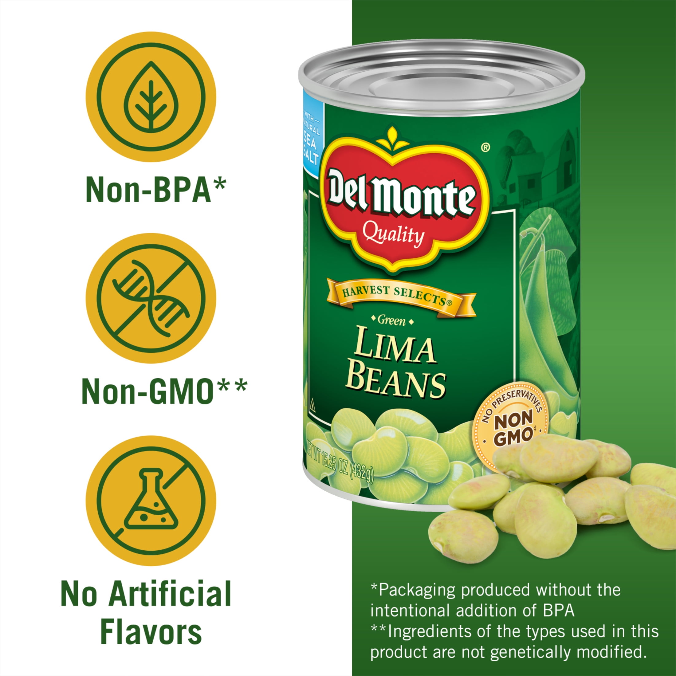 (2 pack) Del Monte Lima Beans, Canned Vegetables, 15.25 oz Can