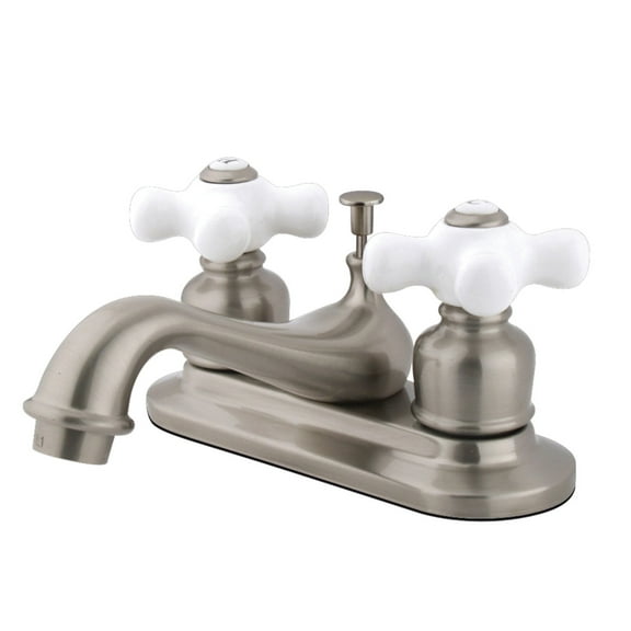 Kingston Brass GKB608PX Water Saving Restoration Centerset Lavatory Faucet with Porcelain Cross Handles, Satin Nickel